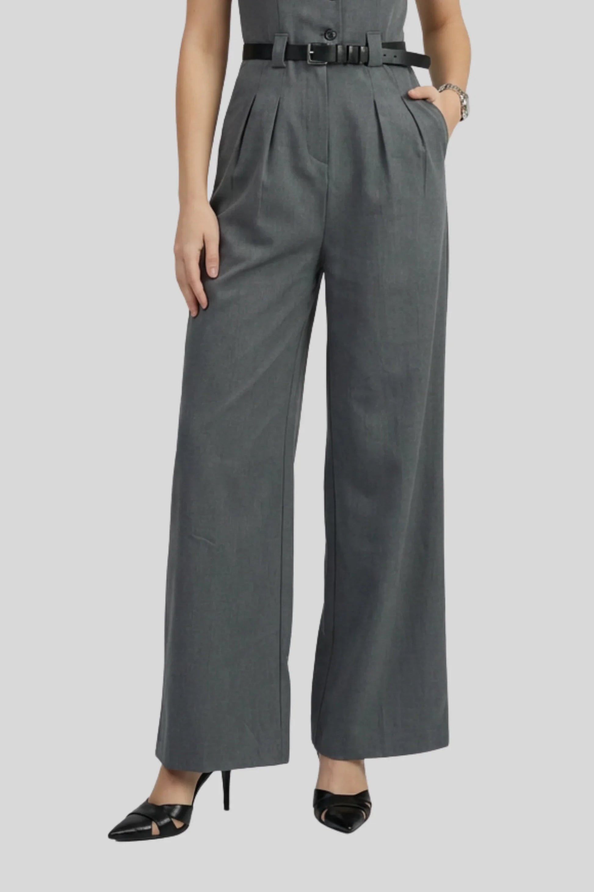 Alzya Grey Wide Leg Sleeveless Jumpsuit � High Waist Belted � DARK GREY