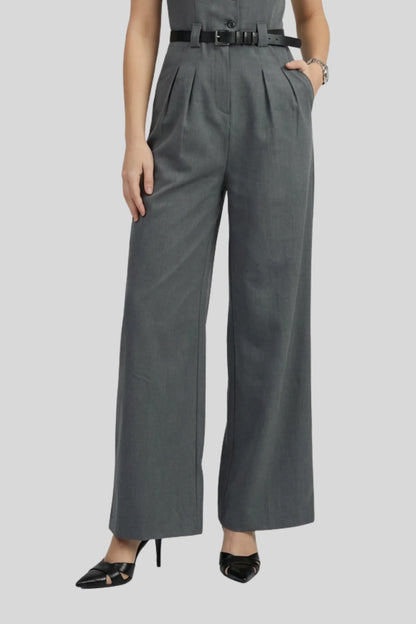 Alzya Grey Wide Leg Sleeveless Jumpsuit � High Waist Belted � DARK GREY