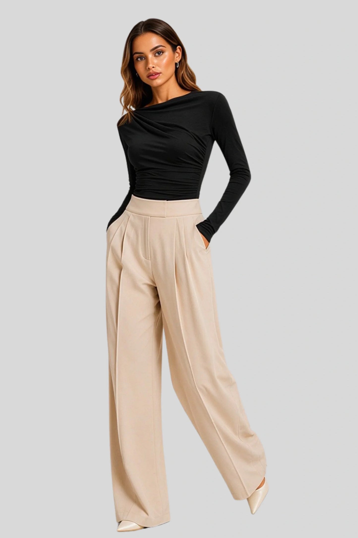 High-Waist Wide-Leg Pleated Pants – Natural Beige Natural Beige
