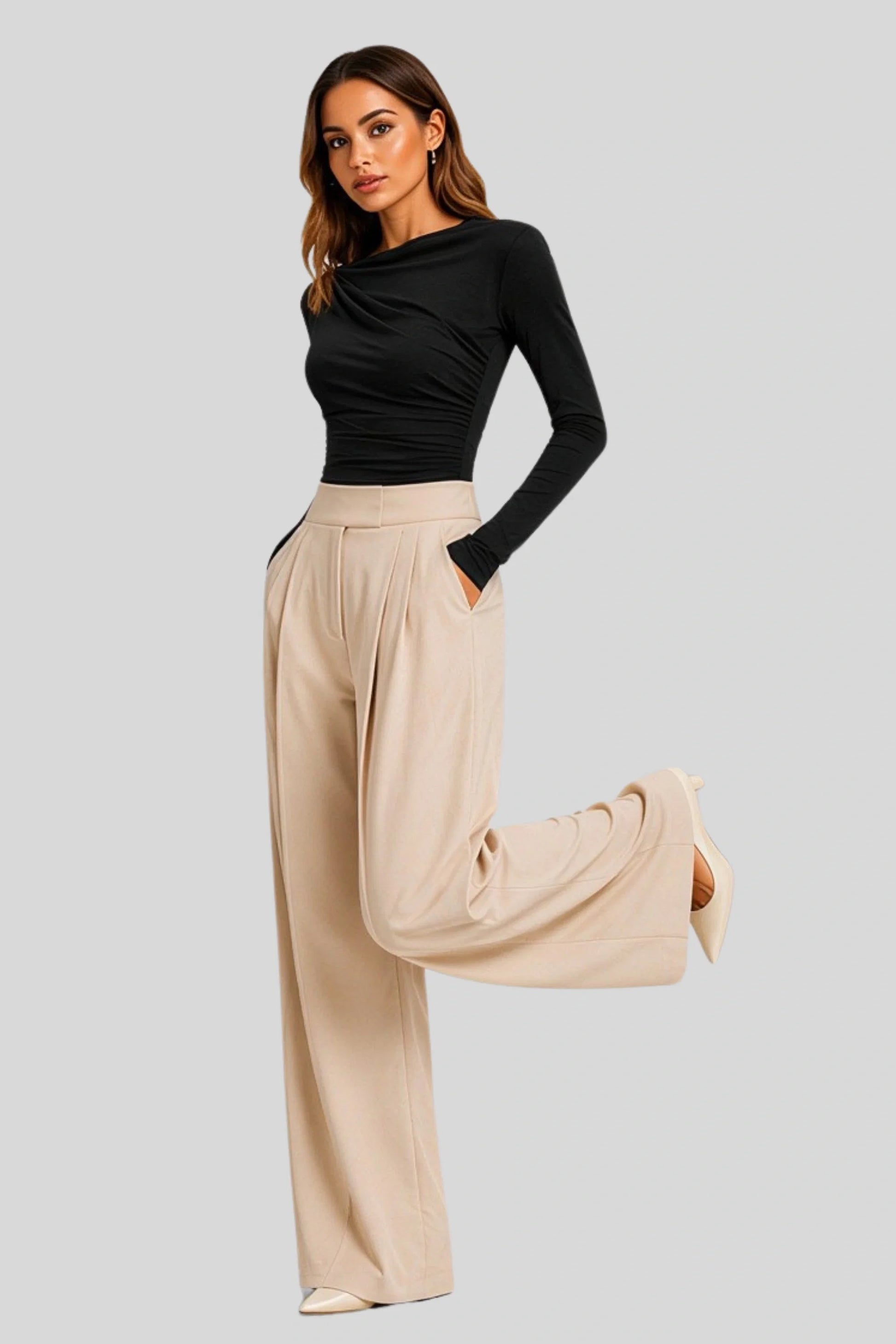 High-Waist Wide-Leg Pleated Pants – Natural Beige Natural Beige