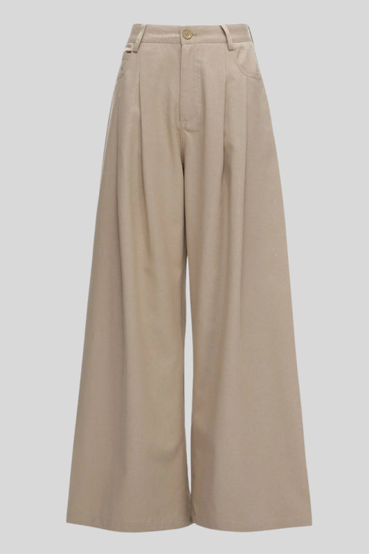 High-Waisted Pleated Wide-Leg Pants – Beige Beige
