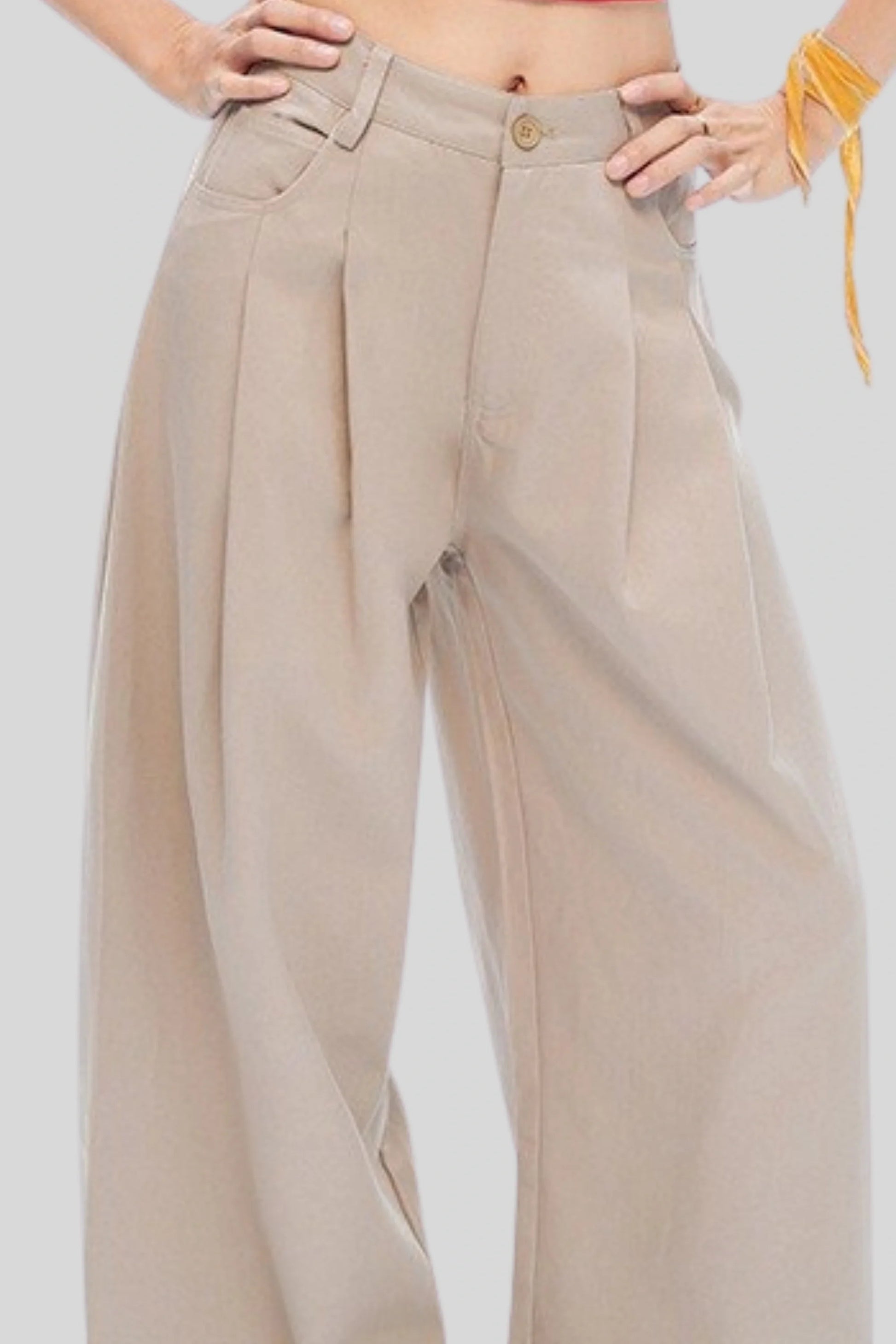 High-Waisted Pleated Wide-Leg Pants – Beige Beige
