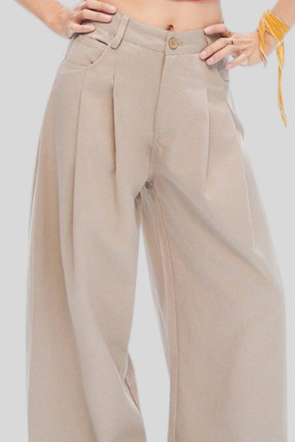High-Waisted Pleated Wide-Leg Pants – Beige Beige