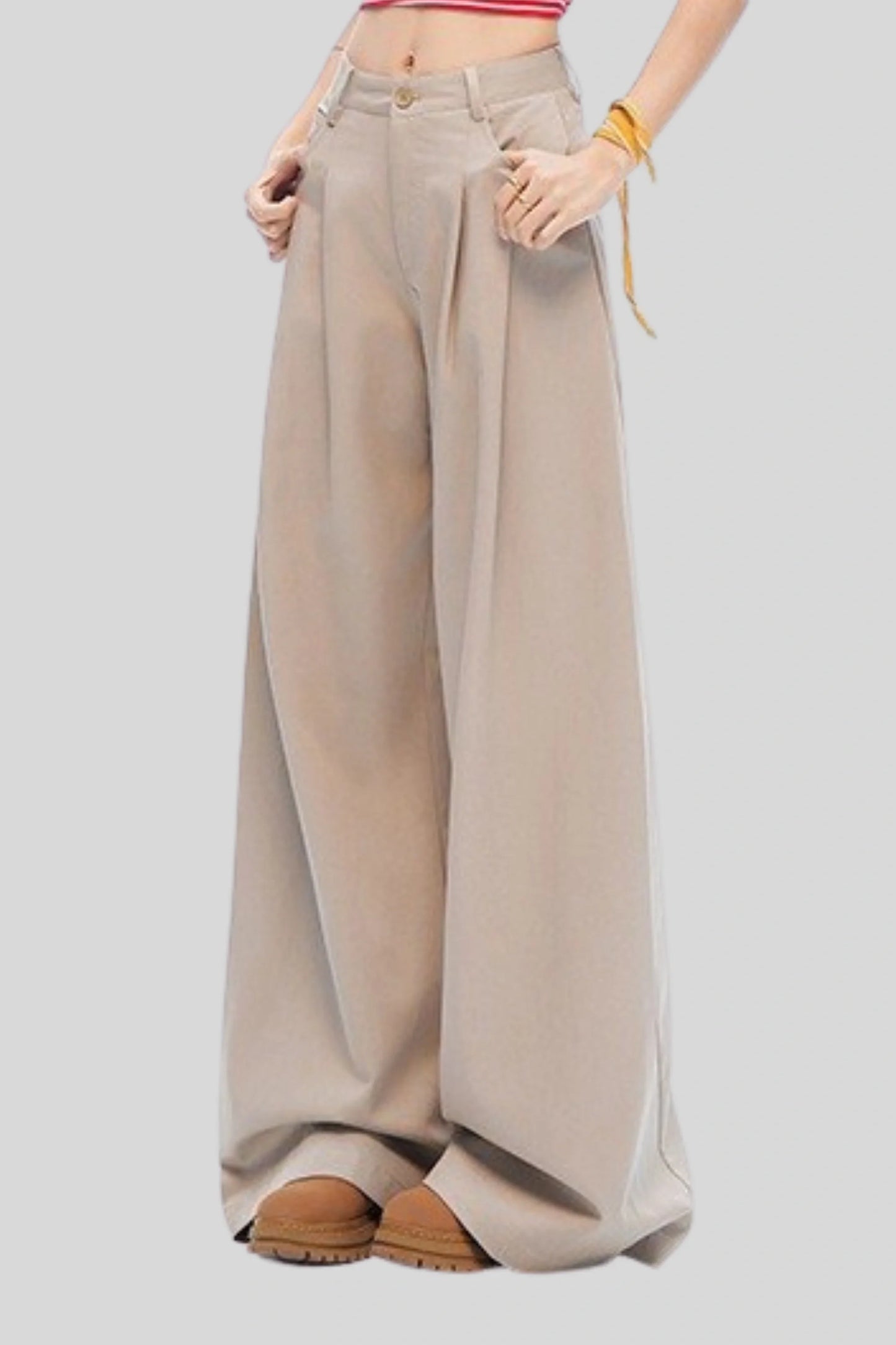 High-Waisted Pleated Wide-Leg Pants – Beige Beige
