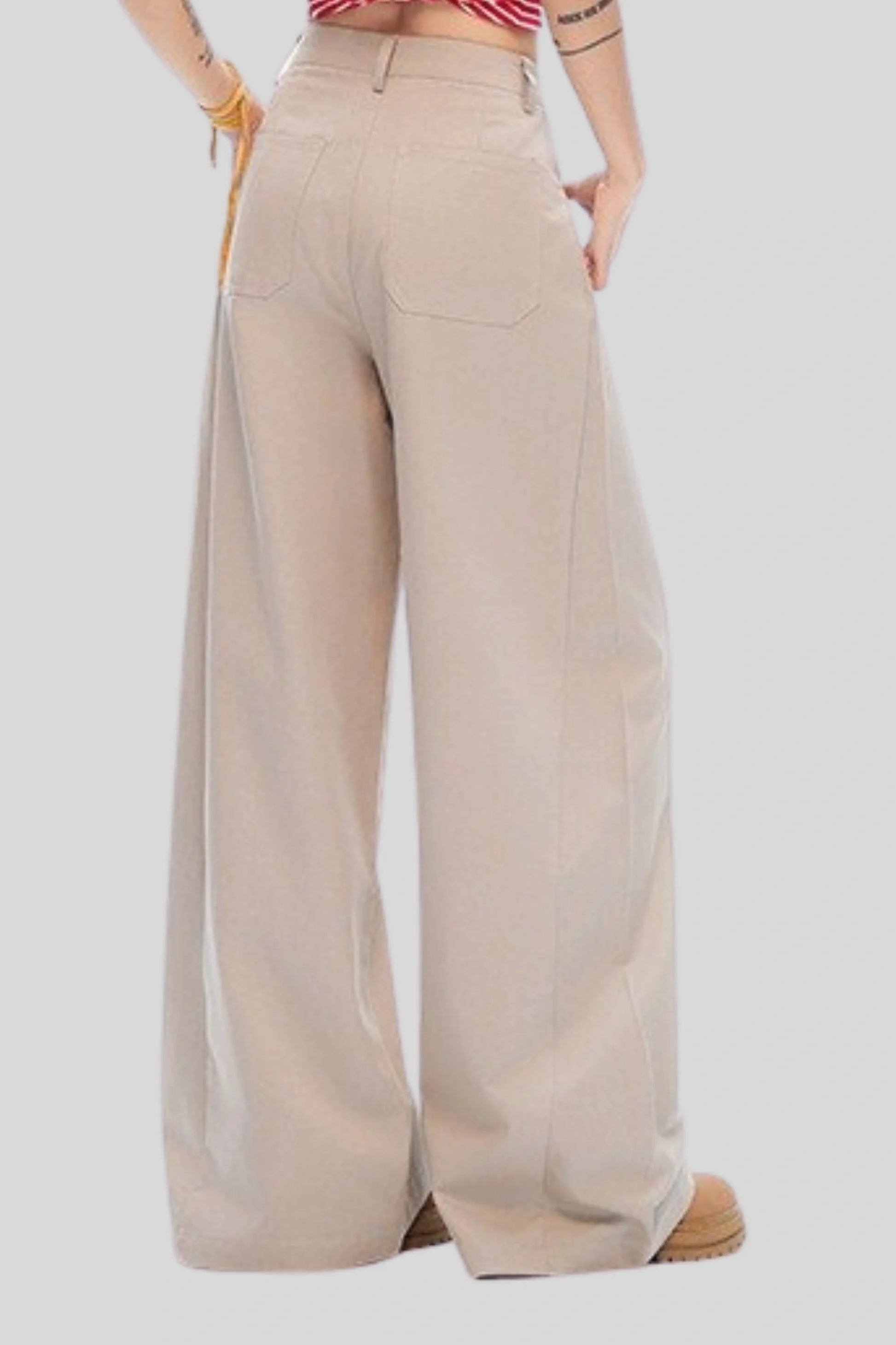 High-Waisted Pleated Wide-Leg Pants – Beige Beige