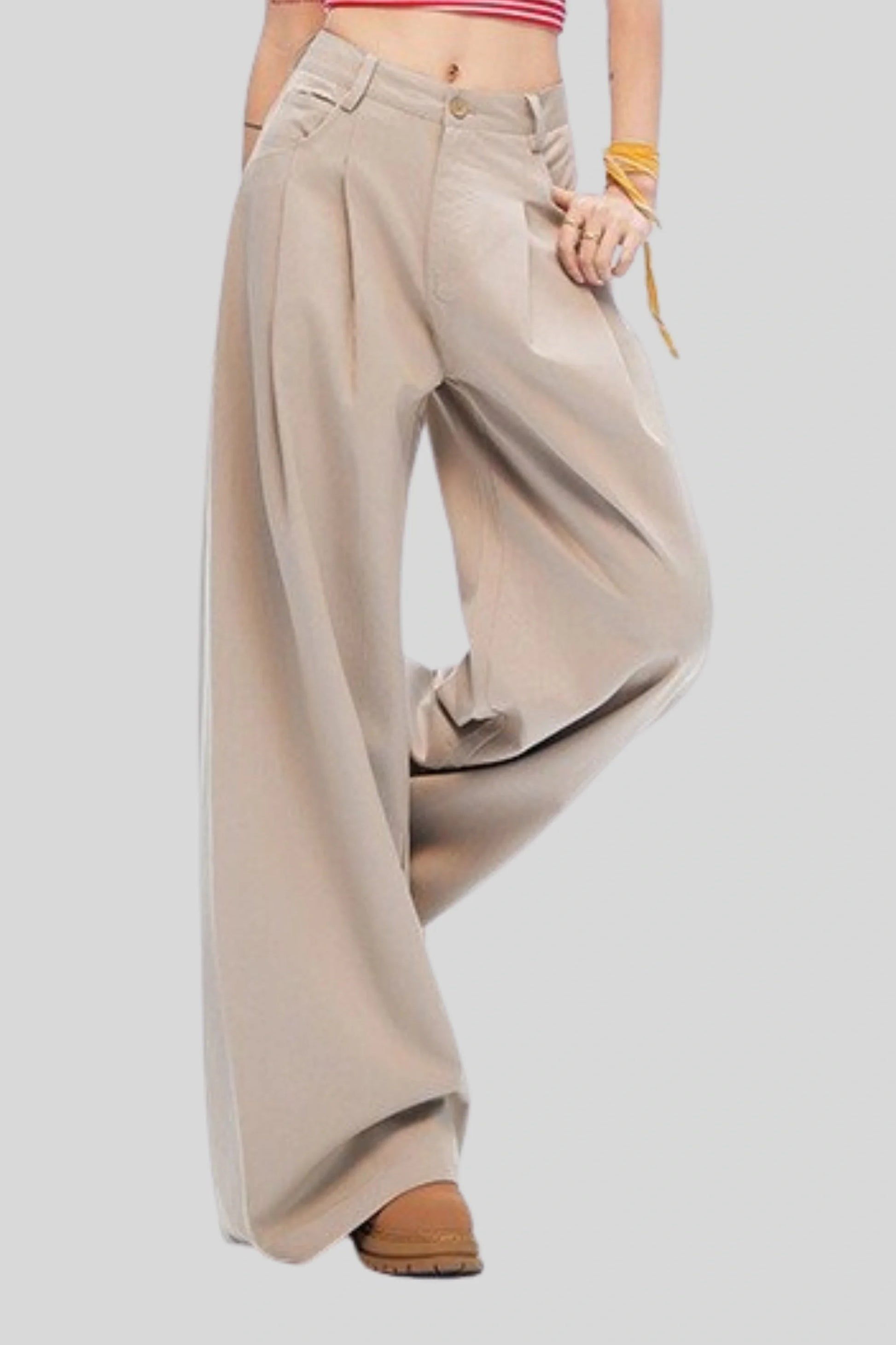 High-Waisted Pleated Wide-Leg Pants – Beige Beige