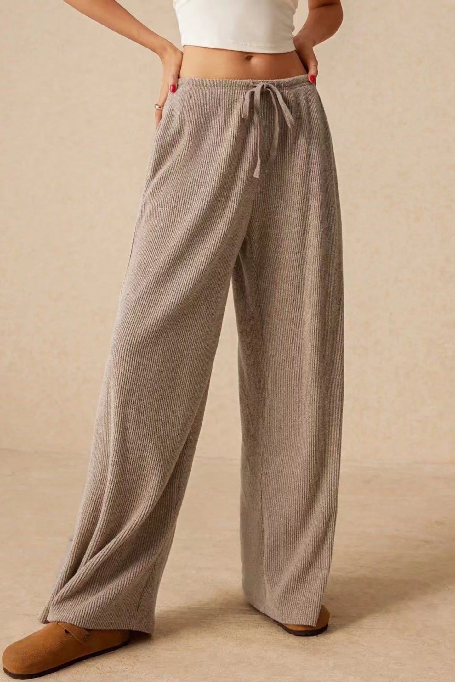 High-Waisted Ribbed Drawstring Wide-Leg Pants – Beige White