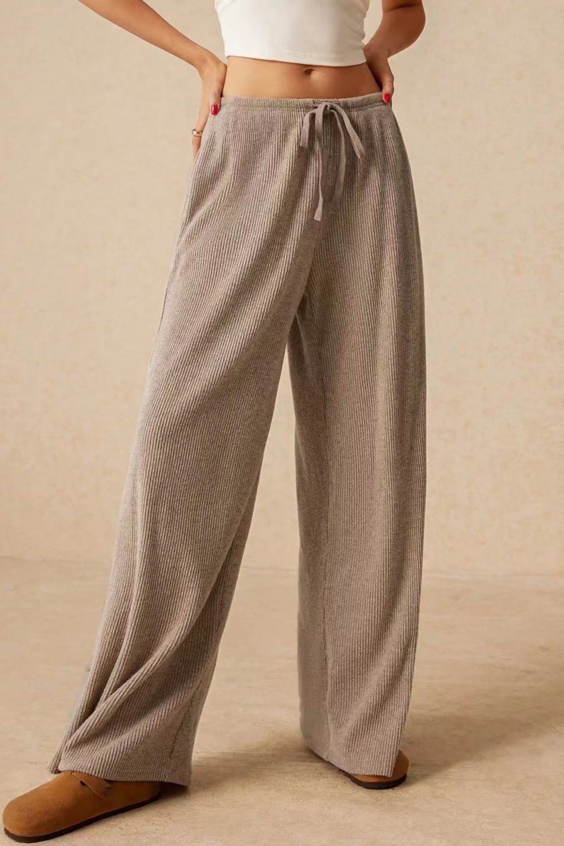 High-Waisted Ribbed Drawstring Wide-Leg Pants – Beige White