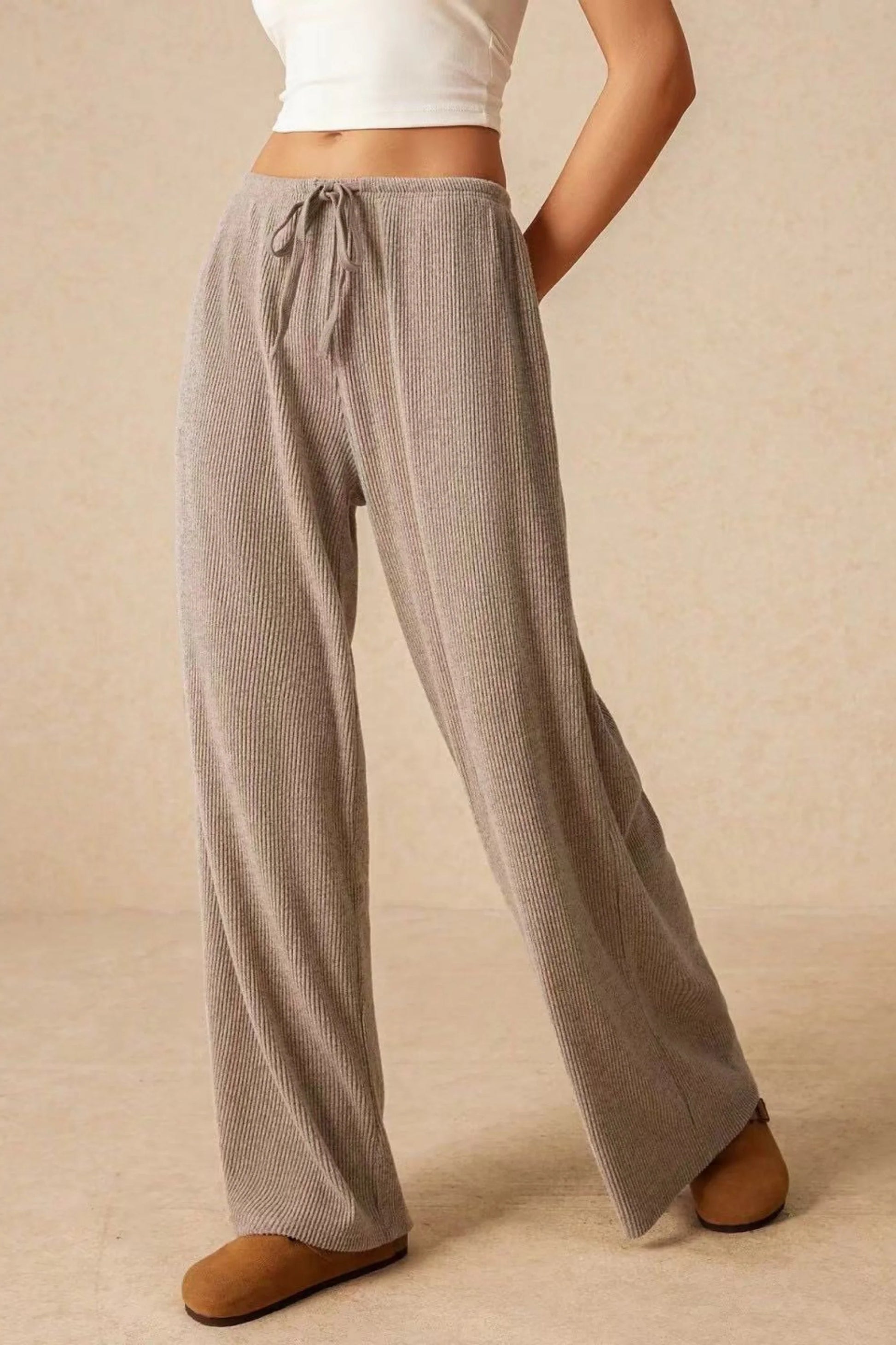 High-Waisted Ribbed Drawstring Wide-Leg Pants – Beige White