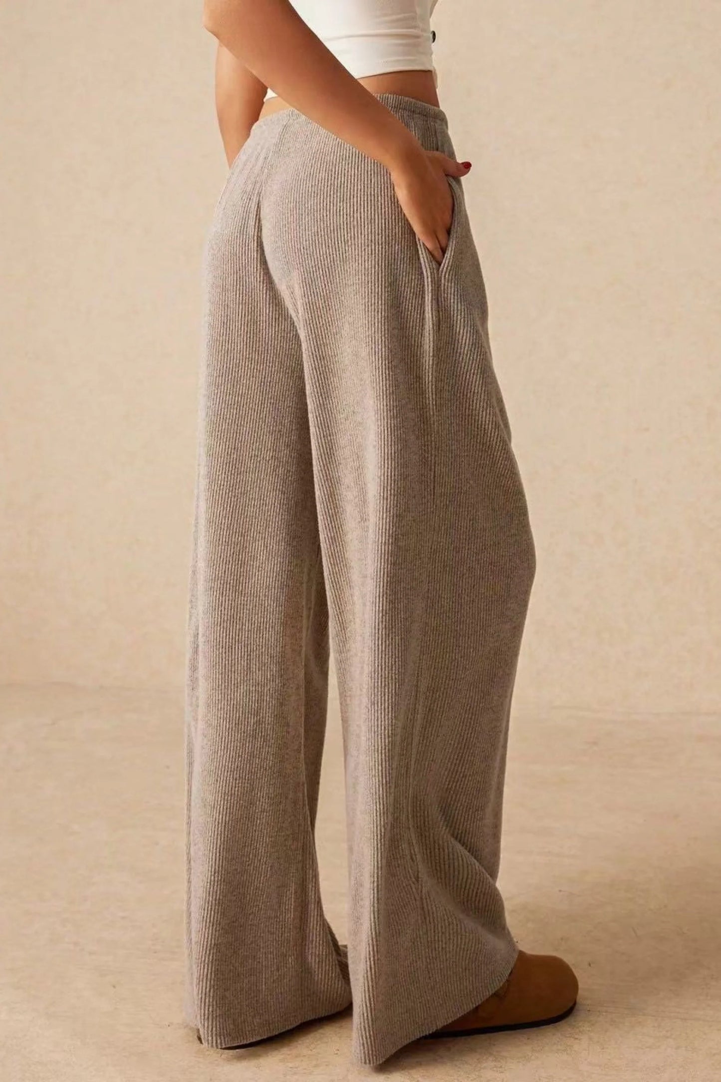 High-Waisted Ribbed Drawstring Wide-Leg Pants – Beige White