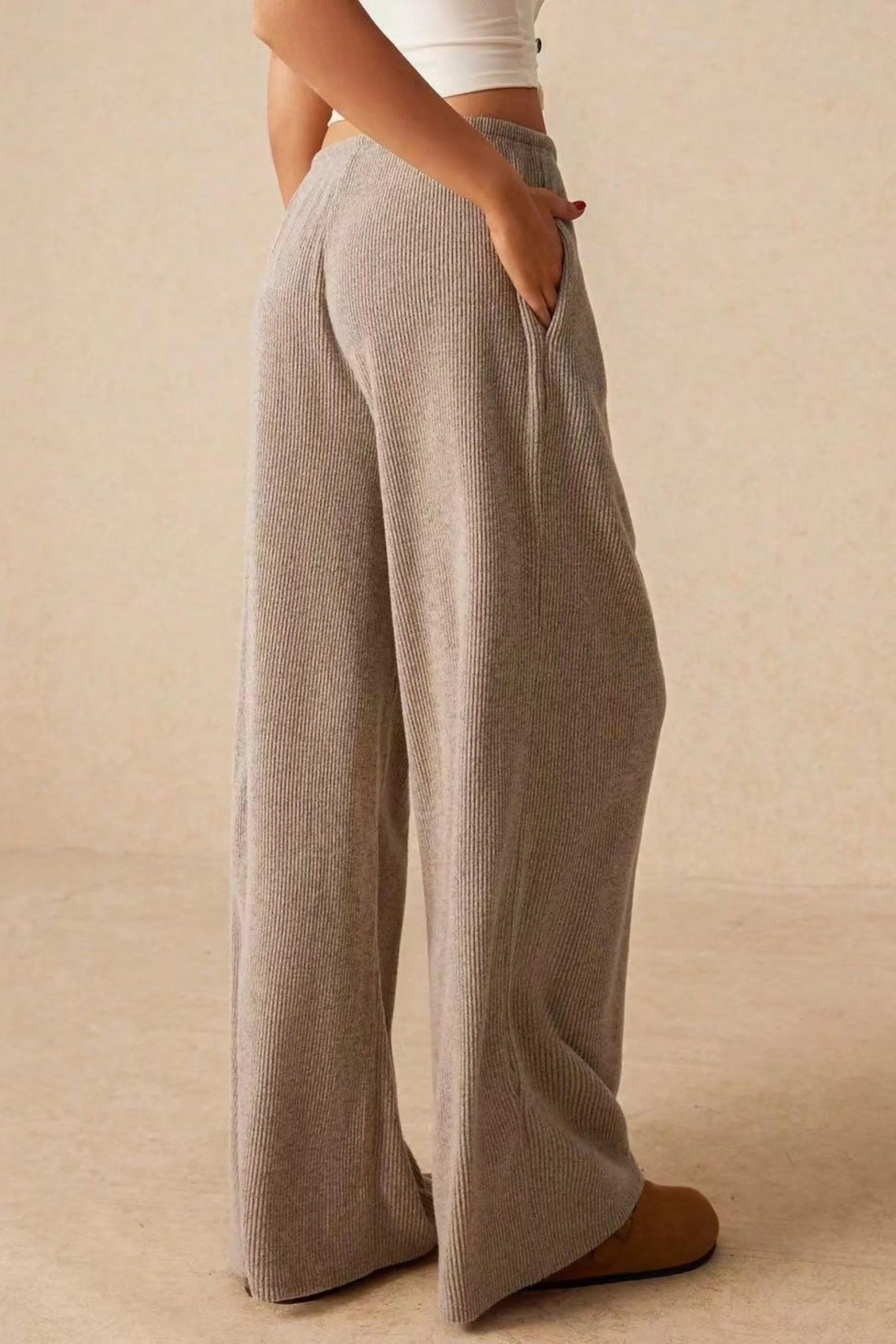 High-Waisted Ribbed Drawstring Wide-Leg Pants – Beige White