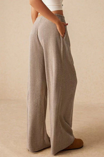 High-Waisted Ribbed Drawstring Wide-Leg Pants – Beige White