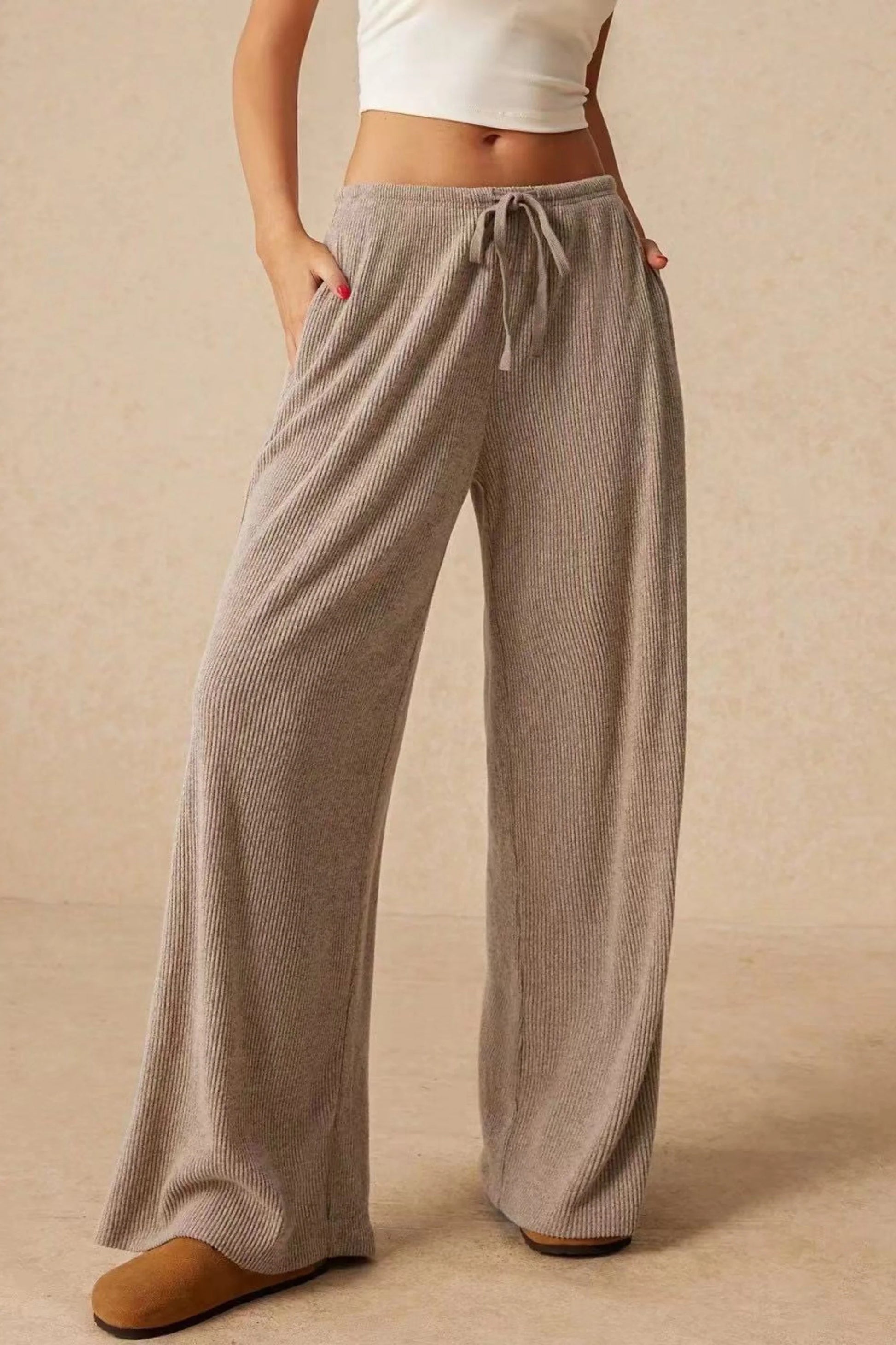 High-Waisted Ribbed Drawstring Wide-Leg Pants – Beige White