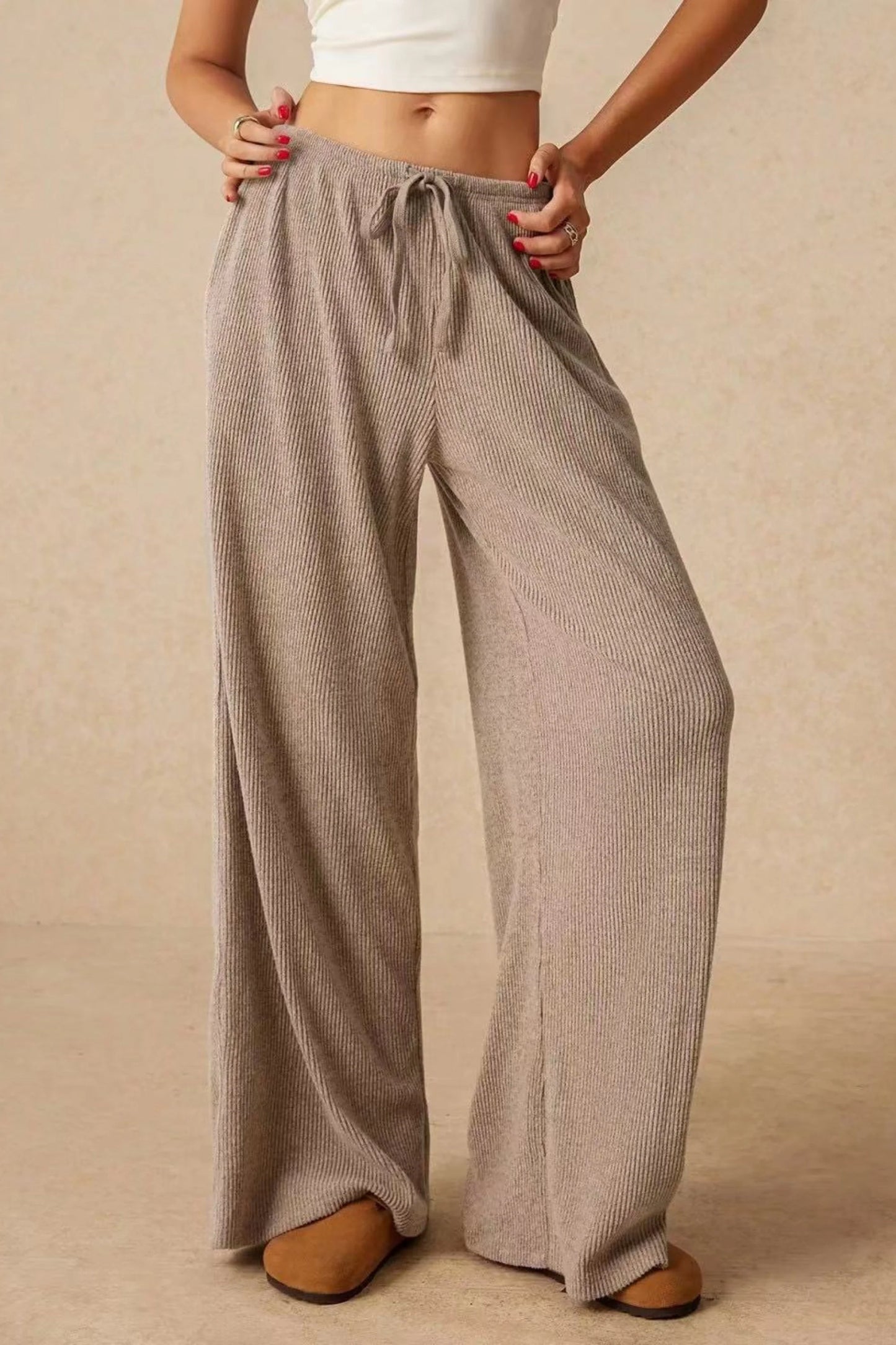 High-Waisted Ribbed Drawstring Wide-Leg Pants – Beige White