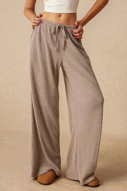 High-Waisted Ribbed Drawstring Wide-Leg Pants – Beige White