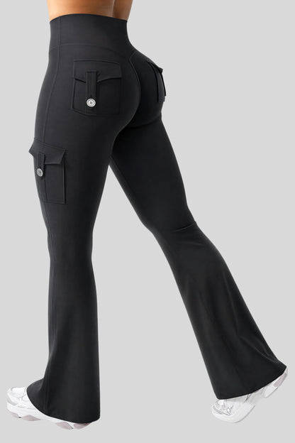 Alzya High Waisted Flare Cargo Leggings � 75% Nylon 4-Way Stretch � BLACK