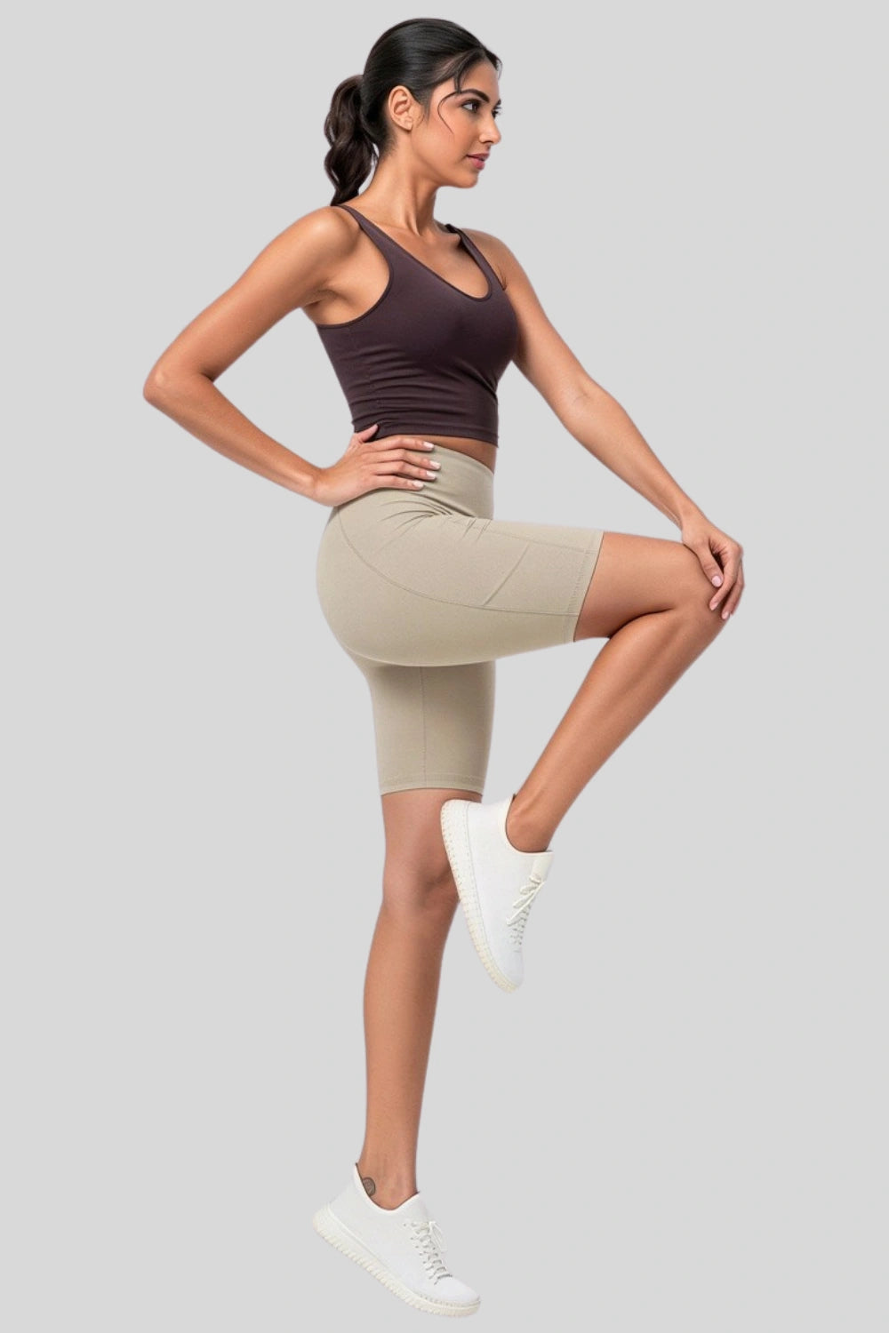 Khaki high-waist biker shorts compression side-pocket workout  shorts KHAKI