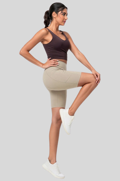 Khaki high-waist biker shorts compression side-pocket workout  shorts KHAKI