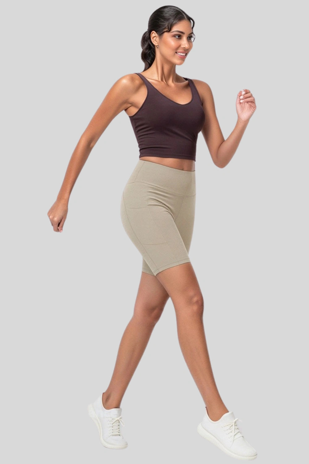 Khaki high-waist biker shorts compression side-pocket workout  shorts KHAKI
