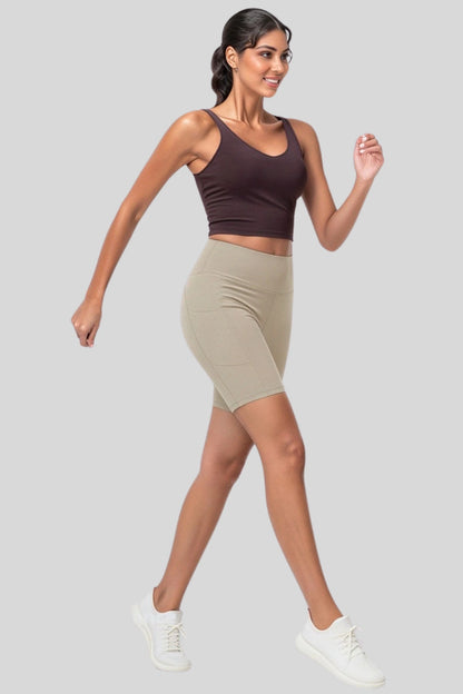 Khaki high-waist biker shorts compression side-pocket workout  shorts KHAKI