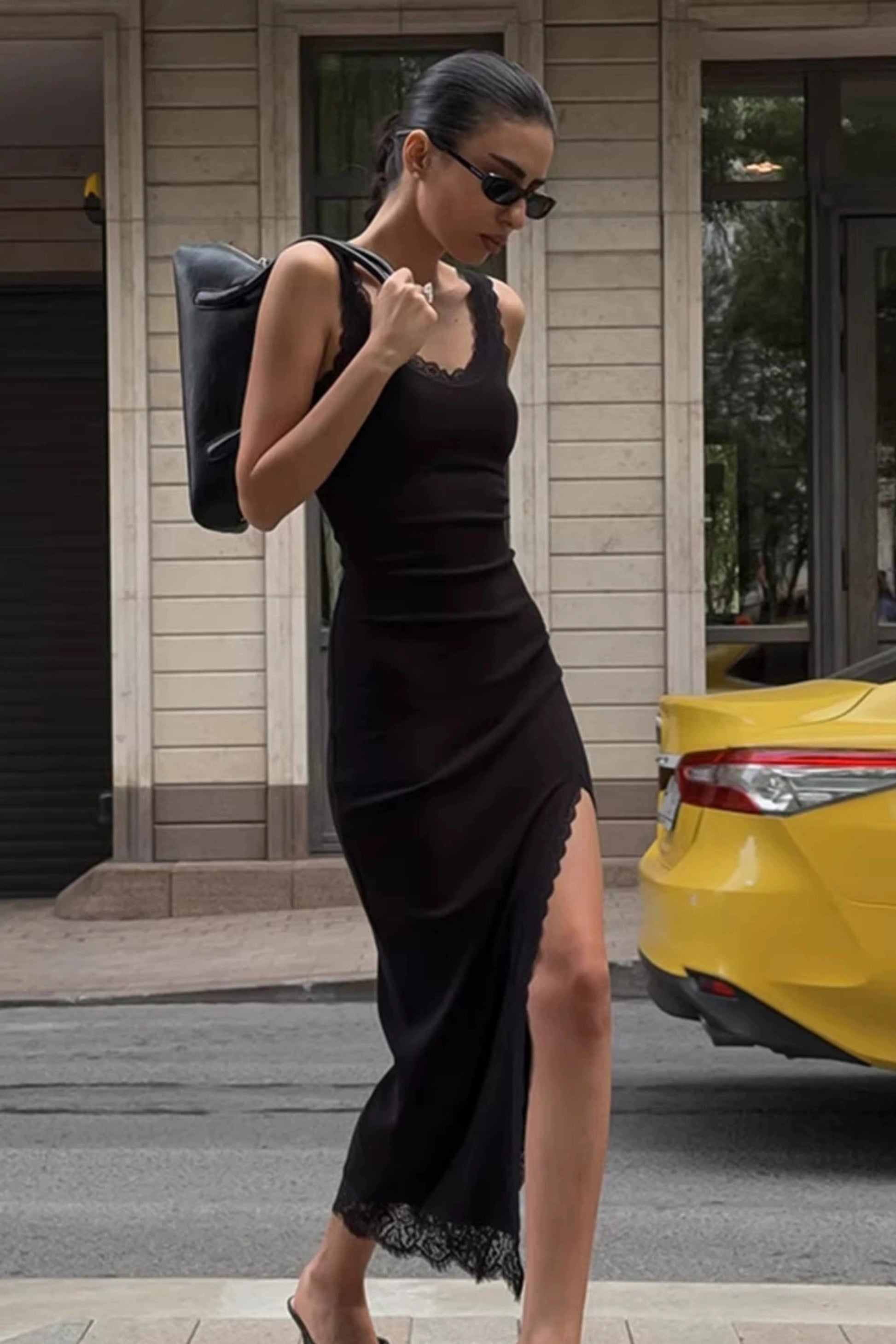 Knit Bodycon Lace Slit Maxi Dress Color: