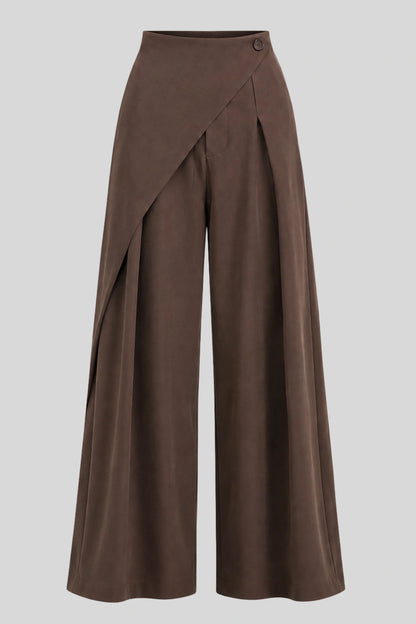 Asymmetric Wrap High-Waisted Wide-Leg Pants – Brown Brown