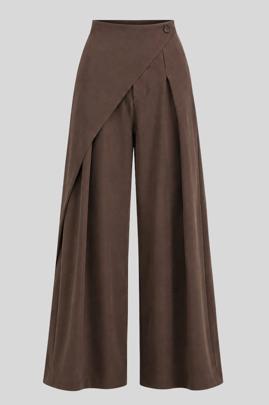 Asymmetric Wrap High-Waisted Wide-Leg Pants – Brown Brown
