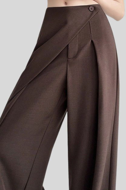 Asymmetric Wrap High-Waisted Wide-Leg Pants – Brown Brown