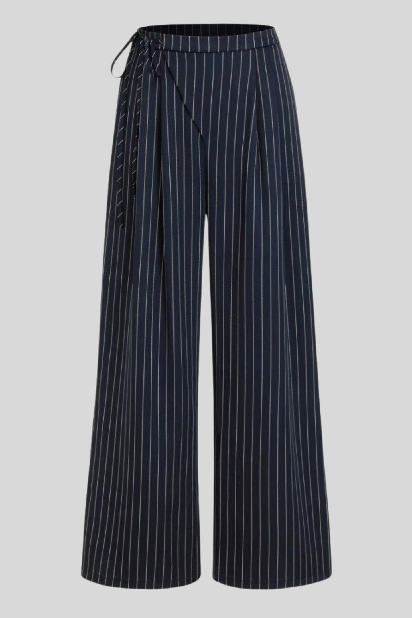 Mid-Rise Drawstring Pinstripe Wide-Leg Pants – Navy Navy blue
