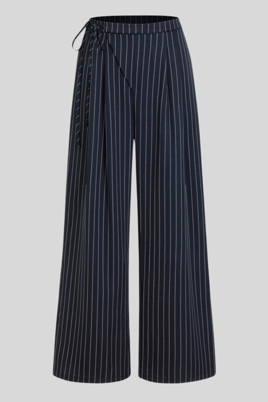 Mid-Rise Drawstring Pinstripe Wide-Leg Pants – Navy Navy blue