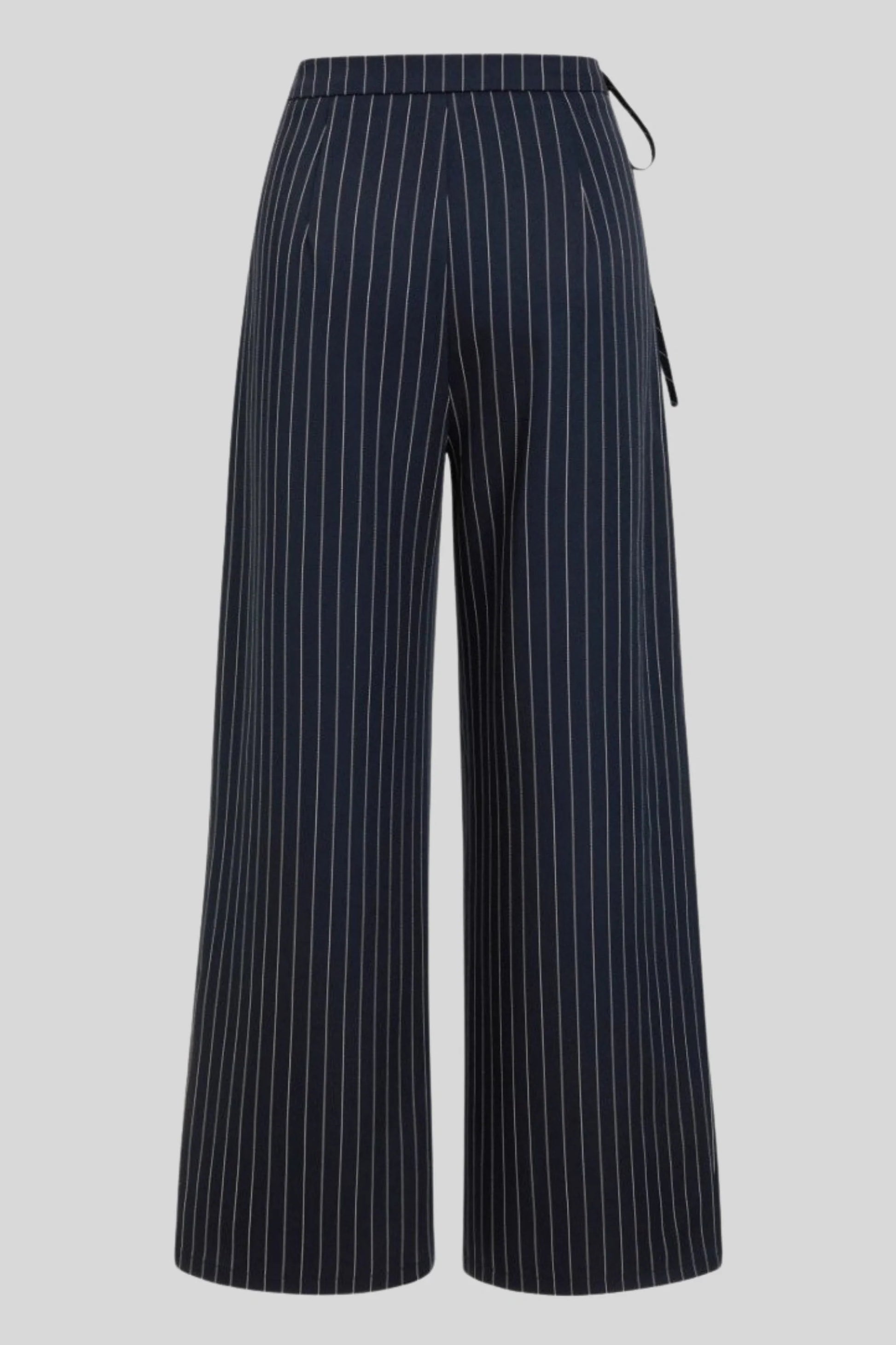 Mid-Rise Drawstring Pinstripe Wide-Leg Pants – Navy Navy blue