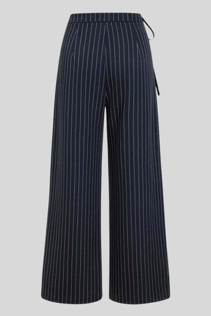 Mid-Rise Drawstring Pinstripe Wide-Leg Pants – Navy Navy blue