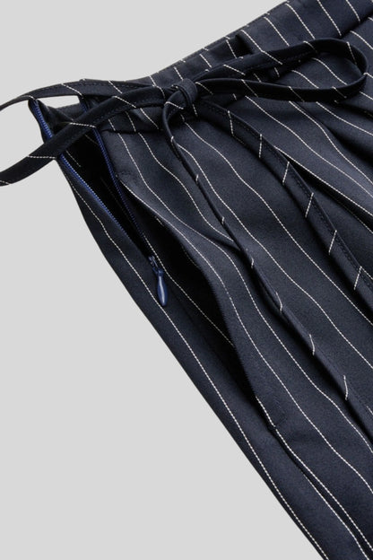 Mid-Rise Drawstring Pinstripe Wide-Leg Pants – Navy Navy blue