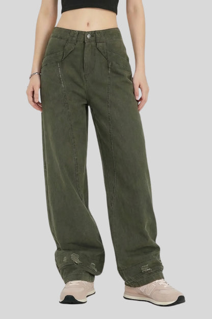 Alzya Olive Wide Leg Utility Pants � 100% Cotton Baggy Frayed Hem � OLIVE GREEN