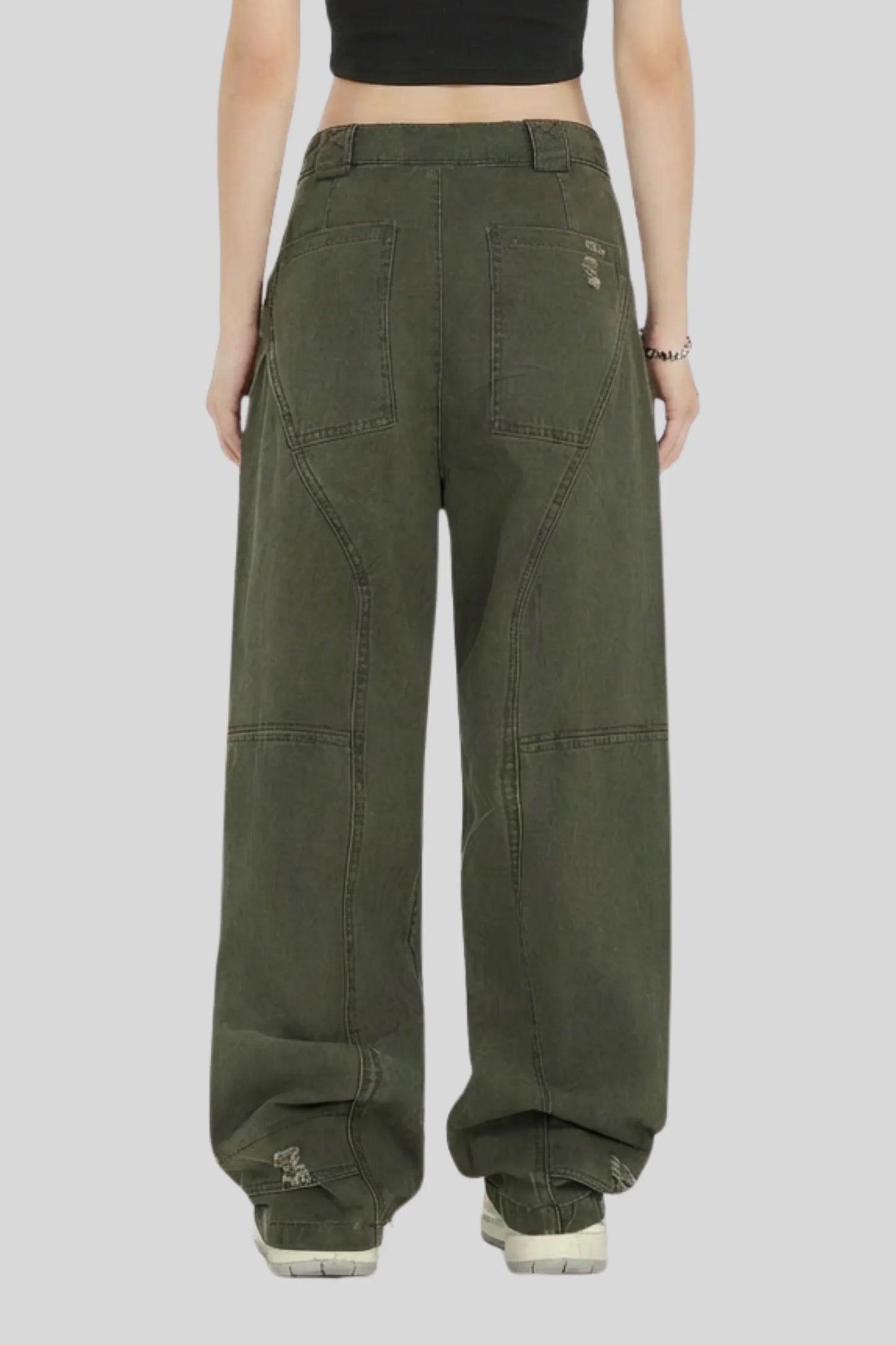 Alzya Olive Wide Leg Utility Pants � 100% Cotton Baggy Frayed Hem � OLIVE GREEN