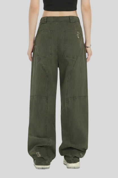Alzya Olive Wide Leg Utility Pants � 100% Cotton Baggy Frayed Hem � OLIVE GREEN