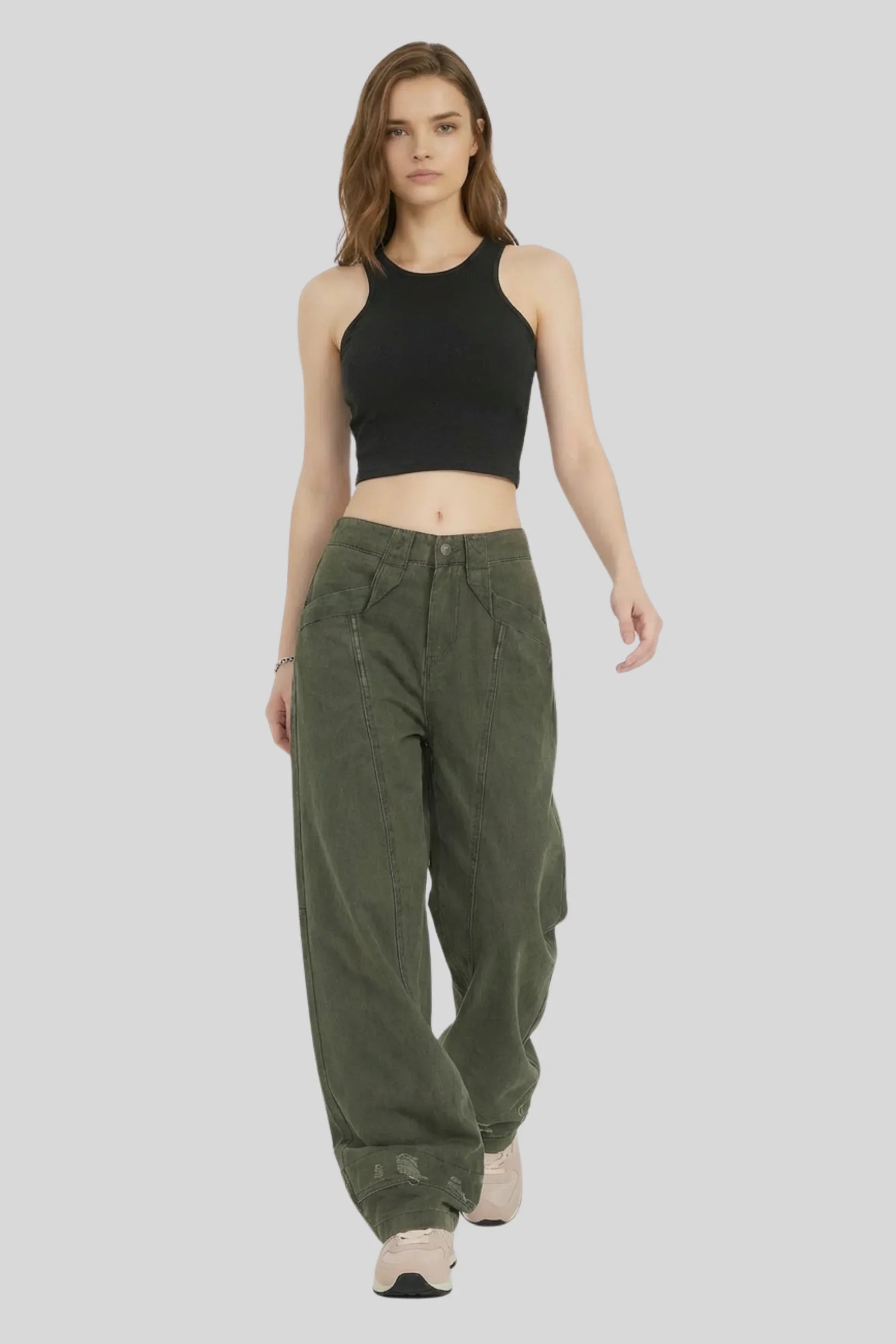 Alzya Olive Wide Leg Utility Pants � 100% Cotton Baggy Frayed Hem � OLIVE GREEN
