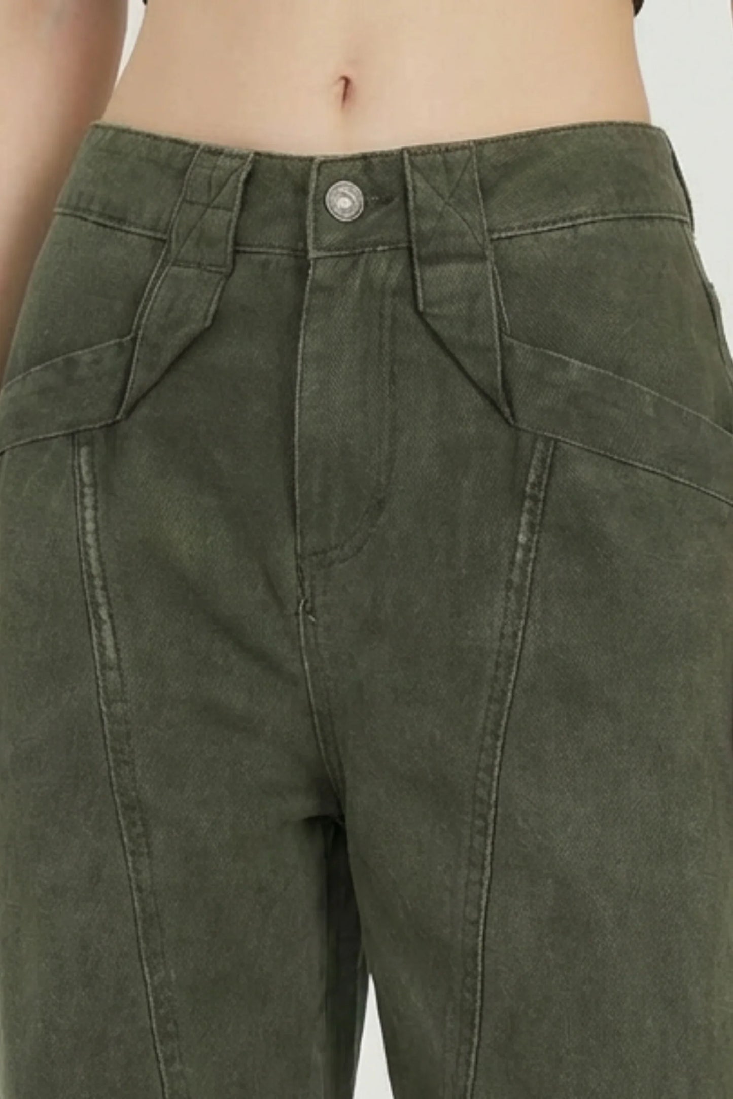 Alzya Olive Wide Leg Utility Pants � 100% Cotton Baggy Frayed Hem � OLIVE GREEN