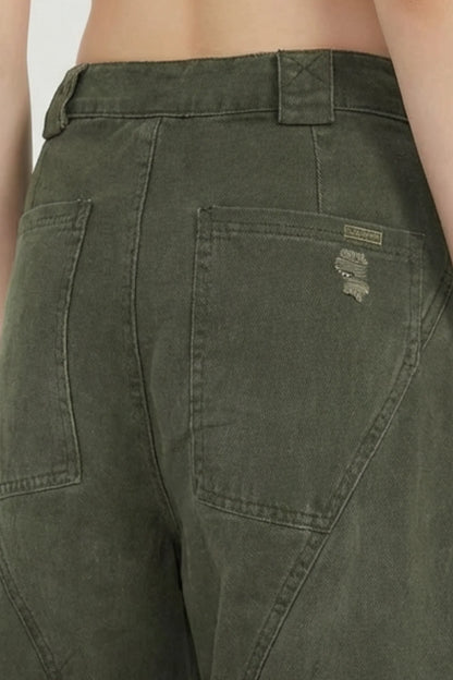 Alzya Olive Wide Leg Utility Pants � 100% Cotton Baggy Frayed Hem � OLIVE GREEN
