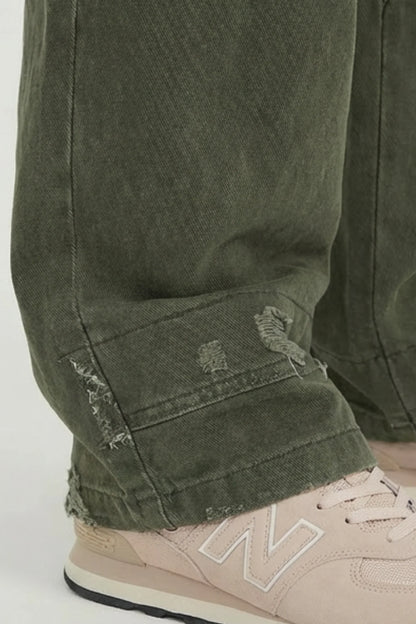 Alzya Olive Wide Leg Utility Pants � 100% Cotton Baggy Frayed Hem � OLIVE GREEN