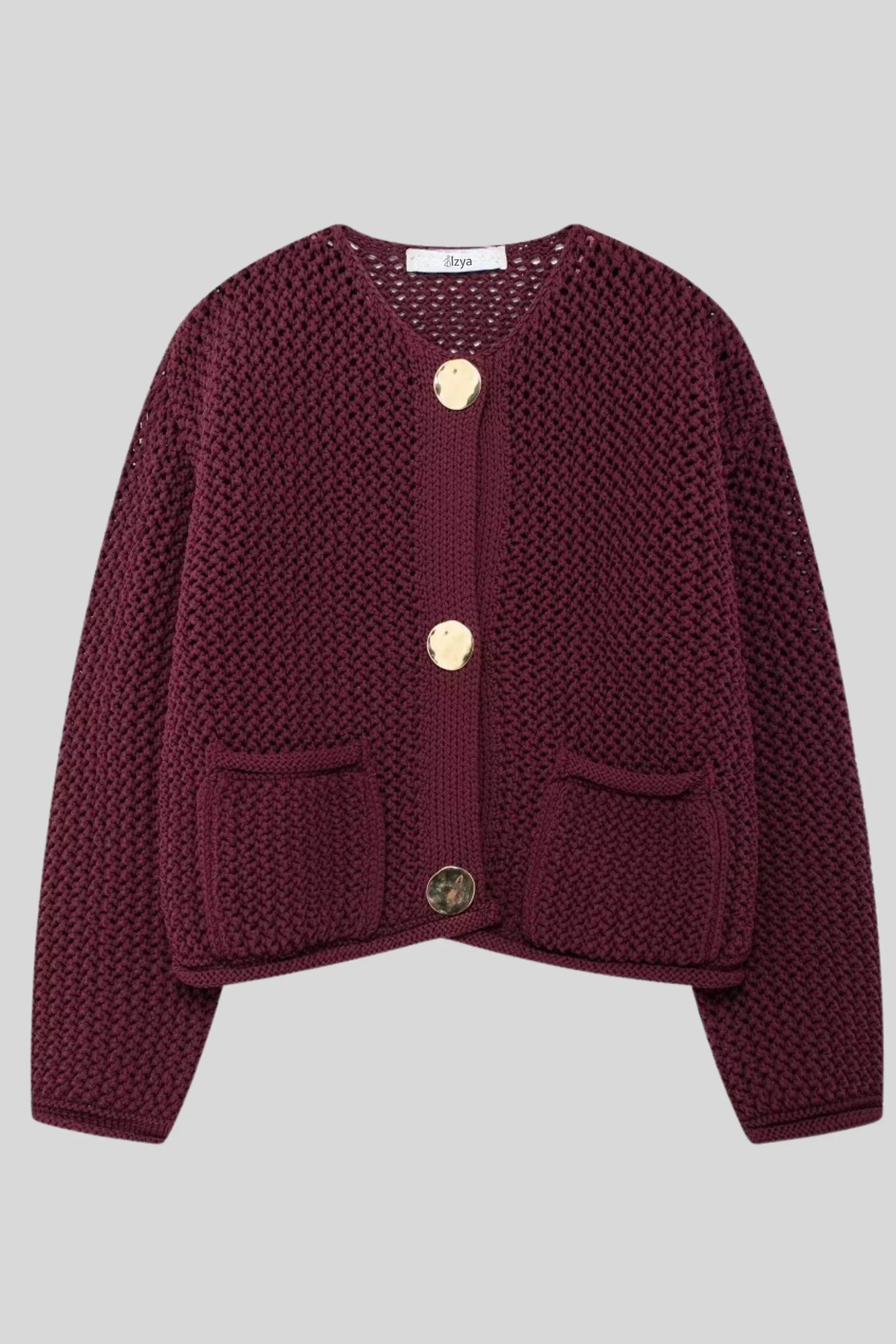 Open Knit Cardigan with Gold Buttons – Purplish-Red Purplish-Red