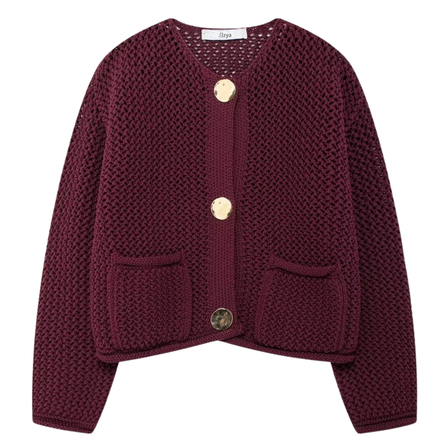 Open Knit Cardigan with Gold Buttons – Purplish-Red Purplish-Red