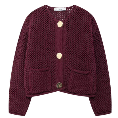 Open Knit Cardigan with Gold Buttons – Purplish-Red Purplish-Red