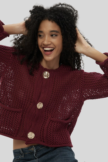 Open Knit Cardigan with Gold Buttons – Purplish-Red Purplish-Red