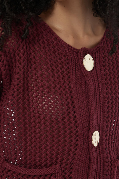 Open Knit Cardigan with Gold Buttons – Purplish-Red Purplish-Red