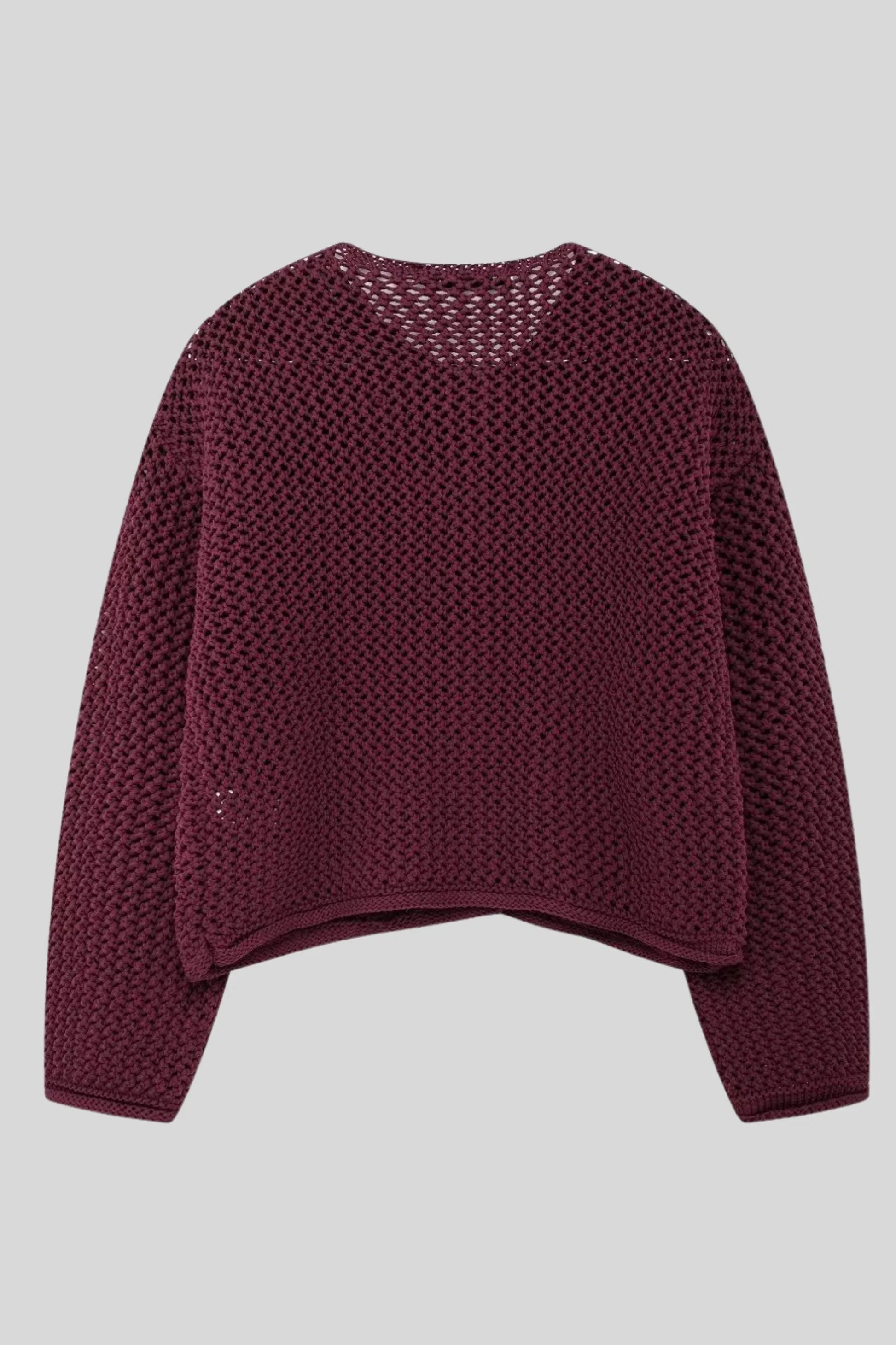 Open Knit Cardigan with Gold Buttons – Purplish-Red Purplish-Red