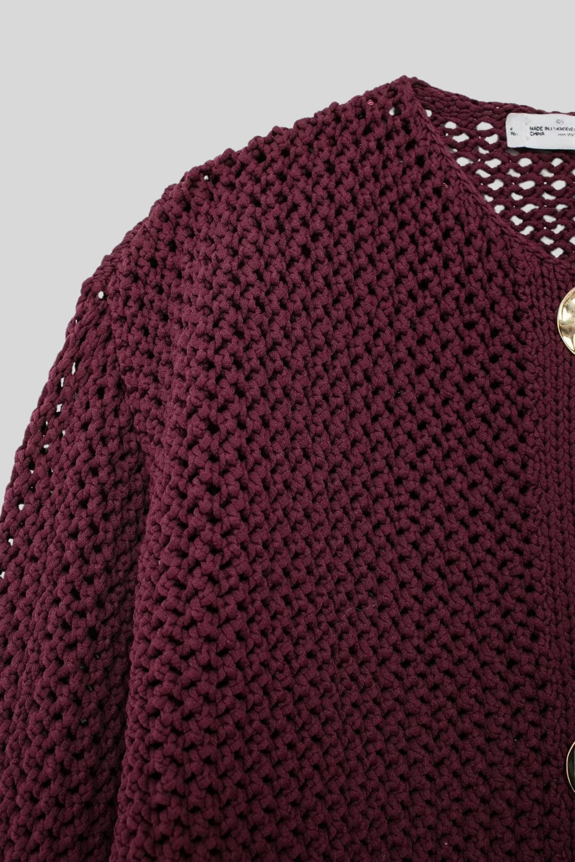 Open Knit Cardigan with Gold Buttons – Purplish-Red Purplish-Red