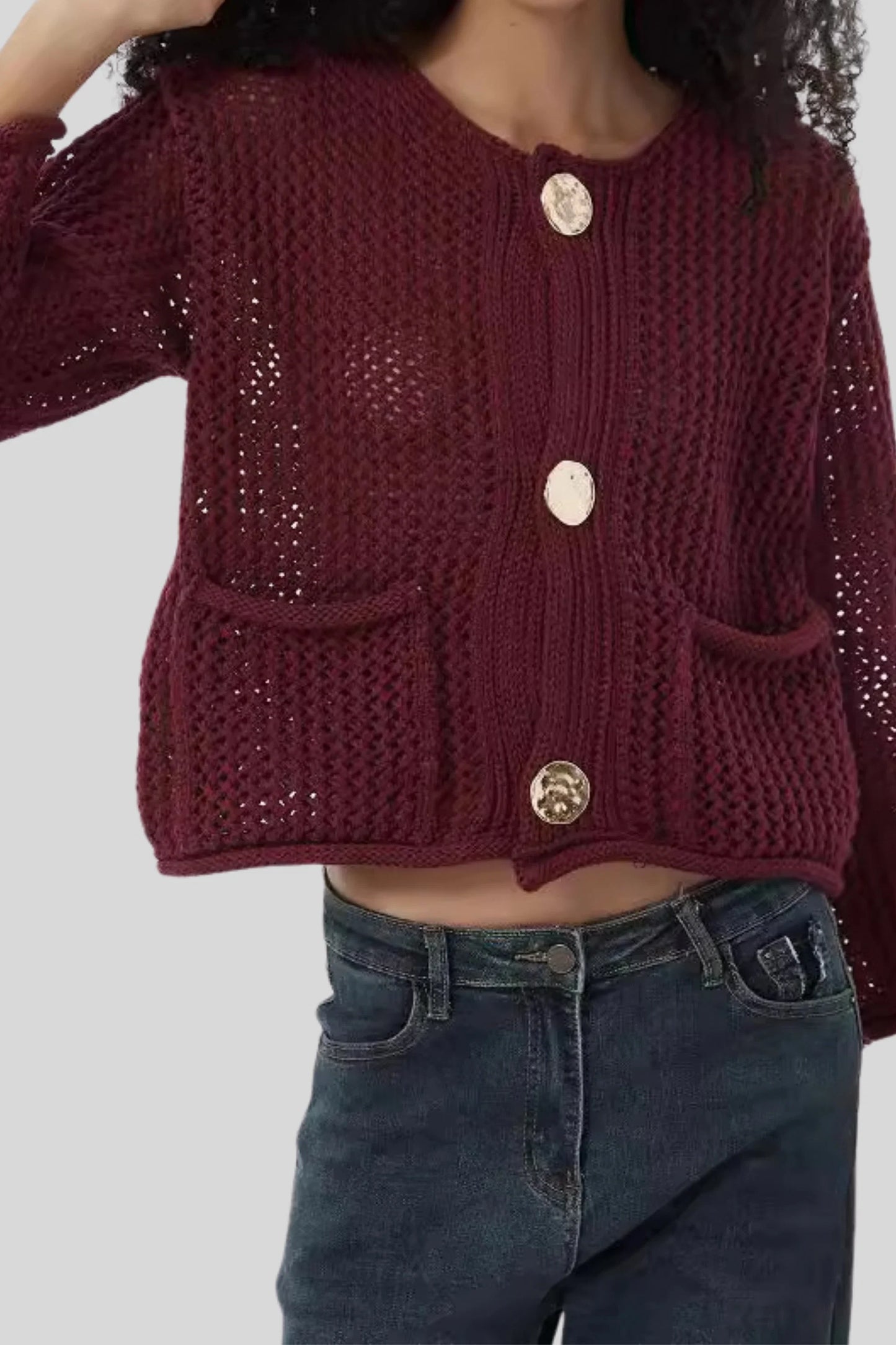 Open Knit Cardigan with Gold Buttons – Purplish-Red Purplish-Red