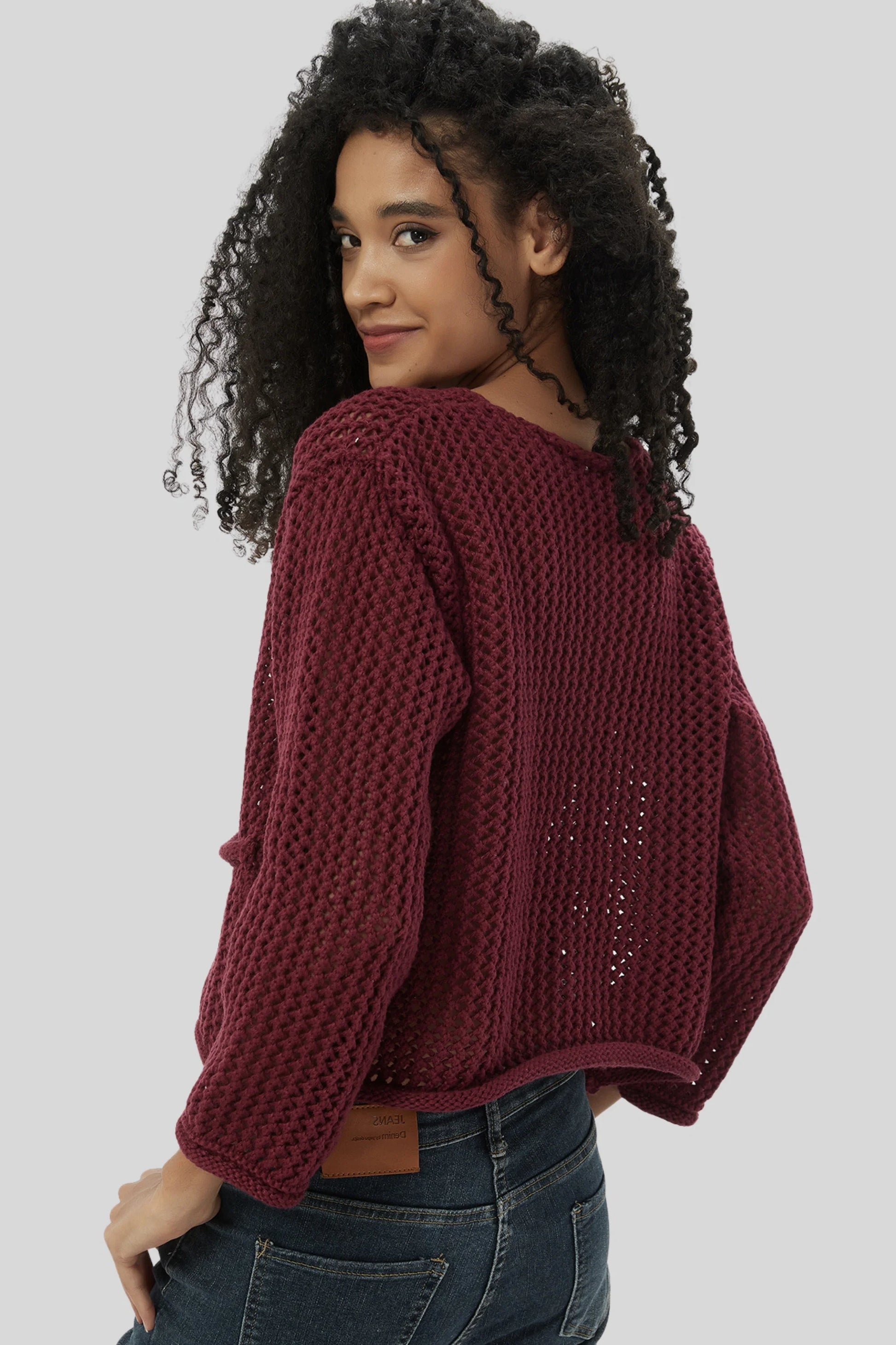 Open Knit Cardigan with Gold Buttons – Purplish-Red Purplish-Red