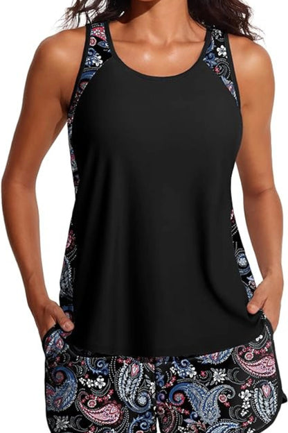 Paisley Tankini Set Racerback Top Sporty Shorts Built-In Brief Black Paisley